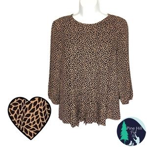 Ann Taylor Geometric Blouse Top XS / Small Tan Black Keyhole Pleated 3/4 Sleeves